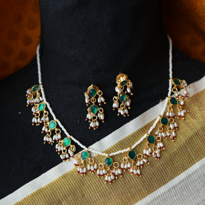 Invisible chain kundan stone short necklace with earrings IN108