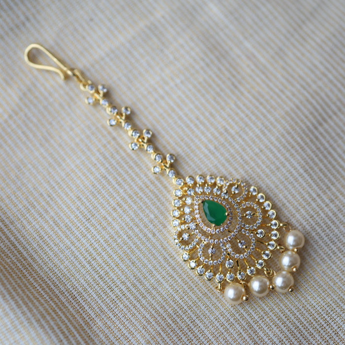 Heritage gold plated white and green stone tikka TH257