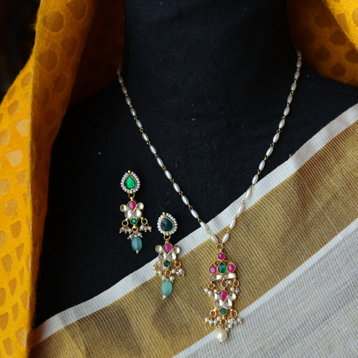 Invisible chain kundan stone short necklace with earrings IN114