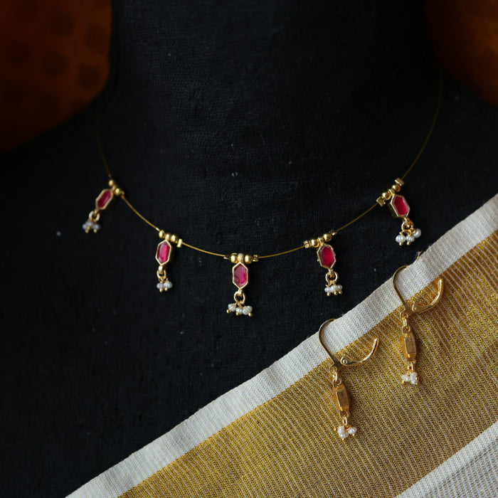 Invisible chain kundan stone short necklace with earrings IN116