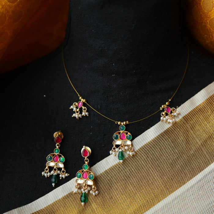 Invisible chain kundan stone short necklace with earrings IN117