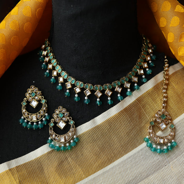 Trendy green pearl short necklace with jumka and tikka TG399