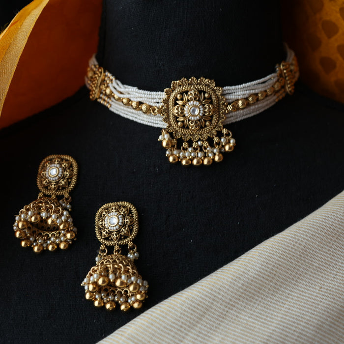 Antique white stone choker necklace with earrings CCB1345