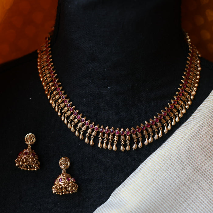 Antique ruby stone short necklace with earrings TTS4329