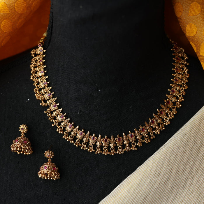 Antique ruby stone temple short necklace with earrings TTS4356