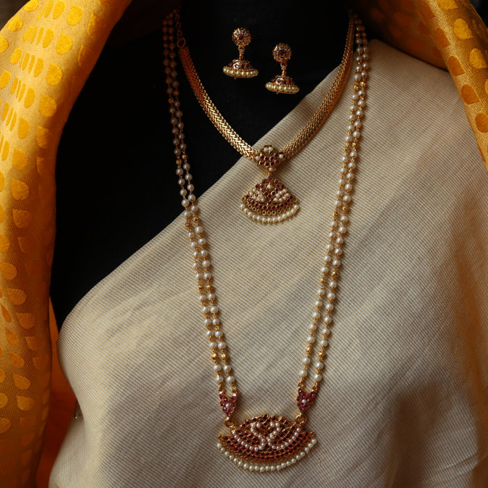 Heritage gold plated ruby white stone padakam necklace set with earrings HP304