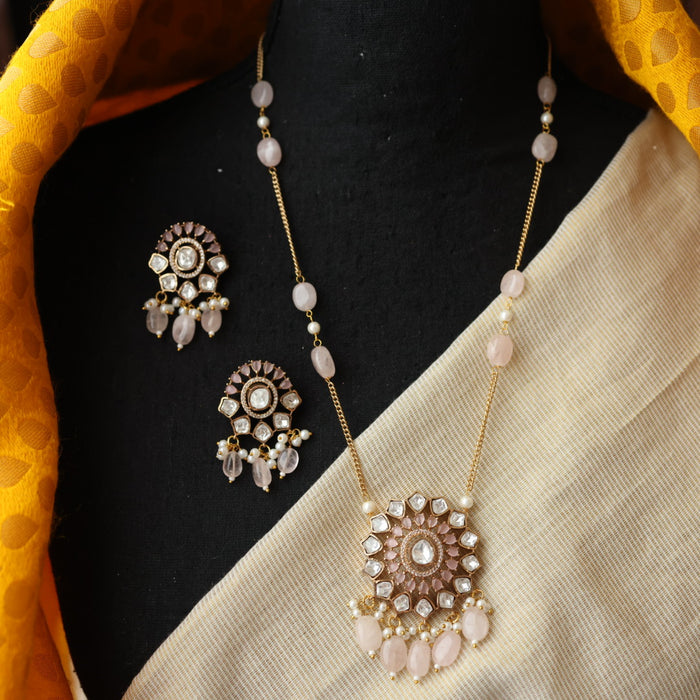 Minimal kundan pink bead long necklace with earrings MS324
