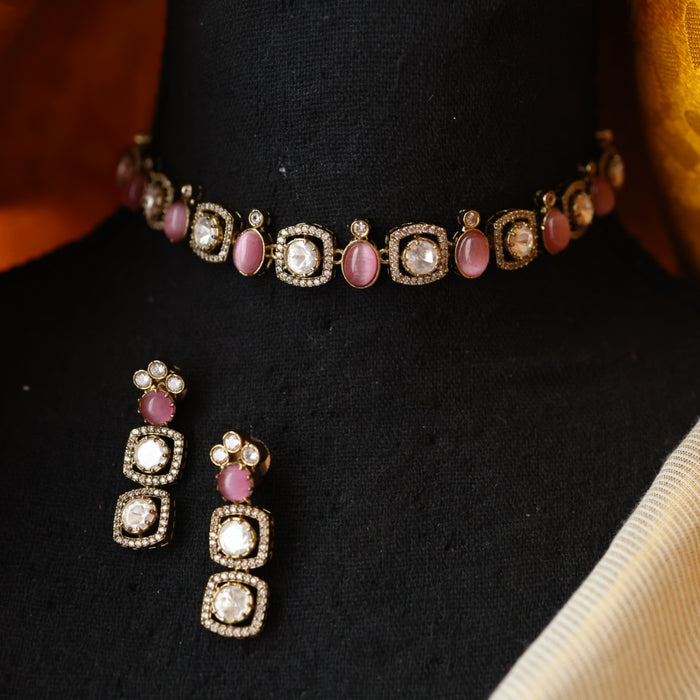 Victorian pinlk stone short necklace with earrings V16753