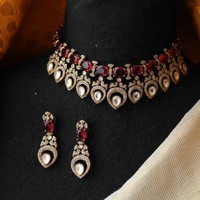 Victorian ruby stone short necklace with earrings V6754