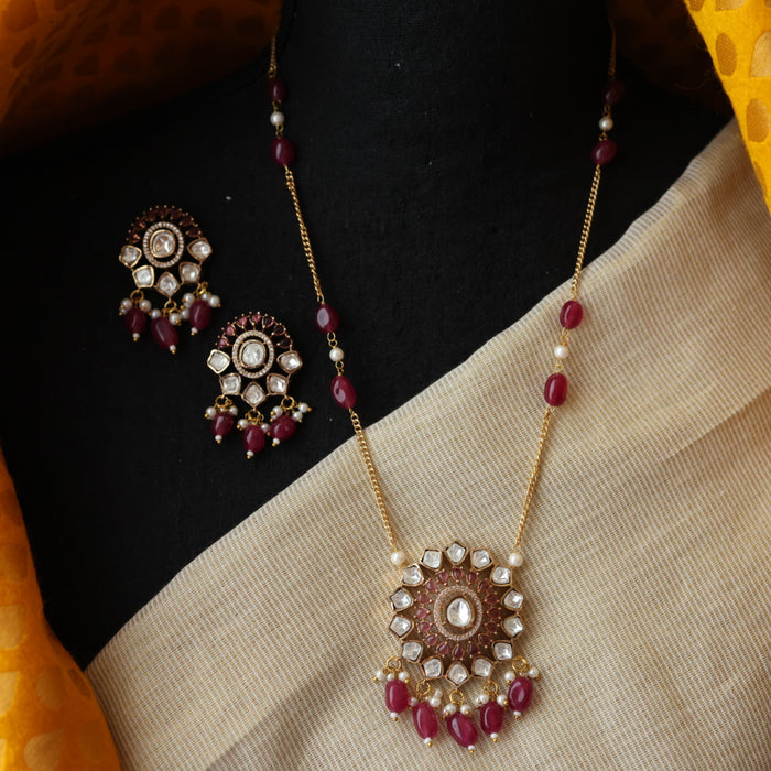 Minimal kundan ruby bead long necklace with earrings MS3244