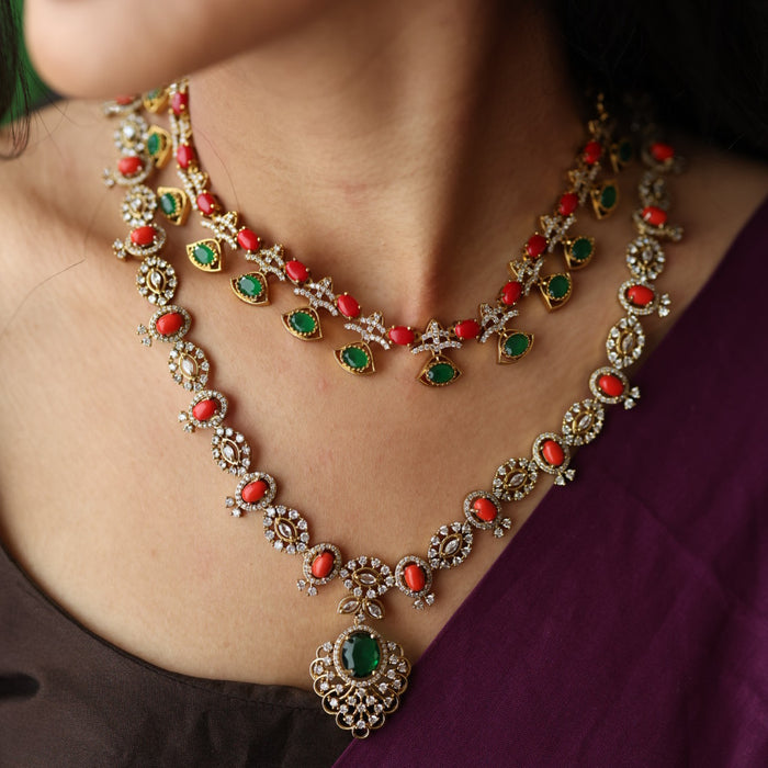 Antique red and green stone long necklace and earring LL02567