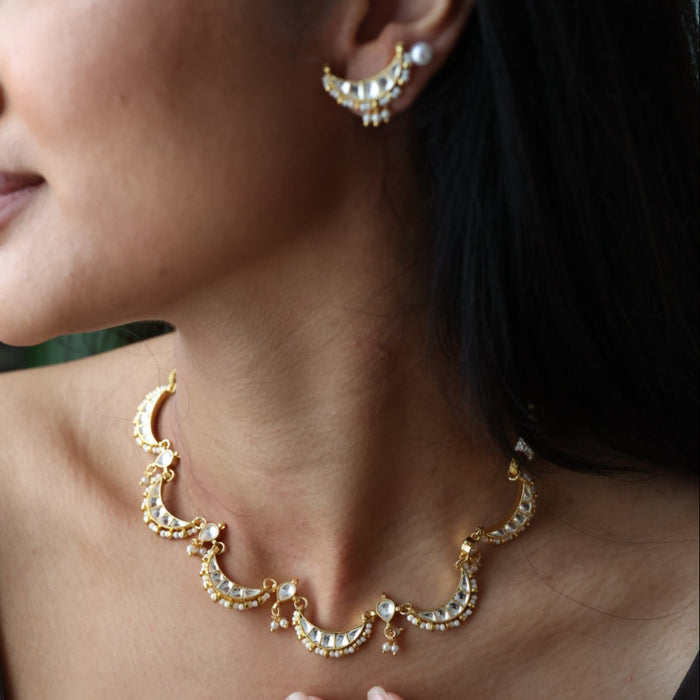 Minimal kundan white stone short necklace with earrings MS3247