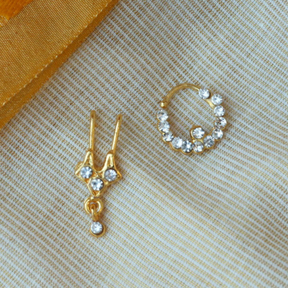 White stone gold plated nosering pair 045788