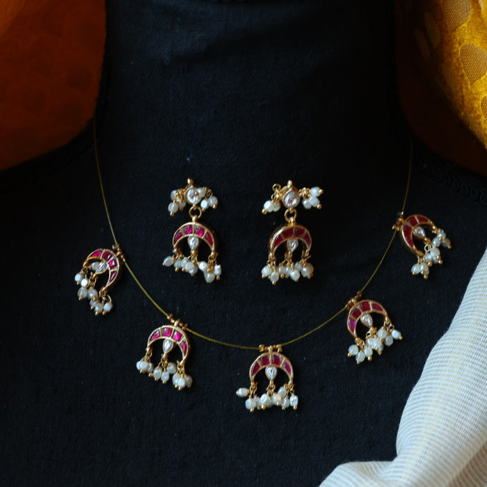 Invisible chain kundan stone short necklace with earrings IN1456