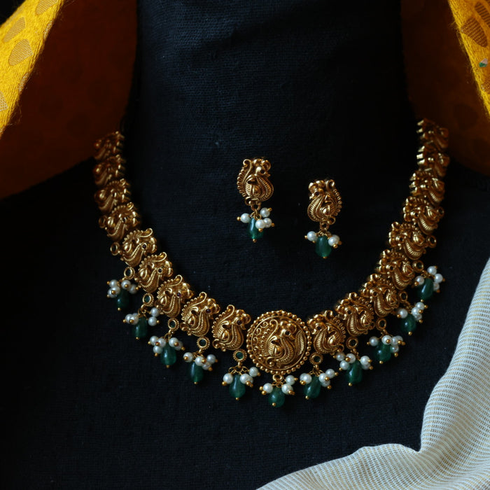 Antique green bead short necklace and earring SS11029