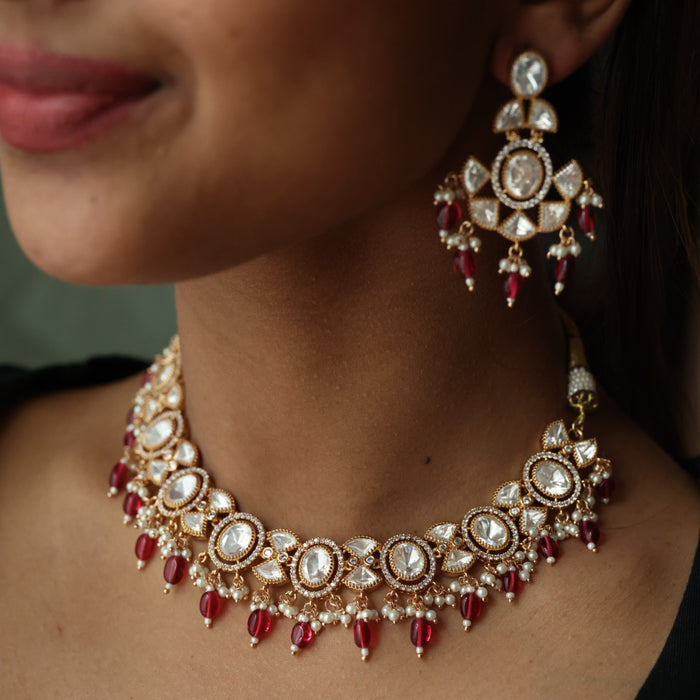 Minimal kundan ruby bead short necklace with earrings MS3251