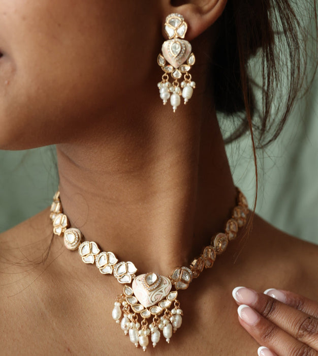 Minimal kundan pink stone short necklace with earrings MS3249