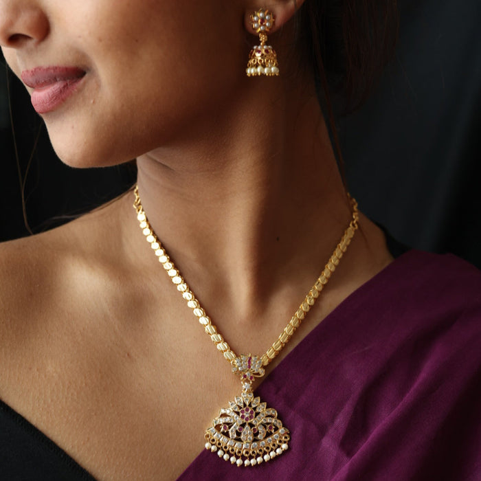 Heritage gold plated ruby white pearl necklace set with earrings H8657