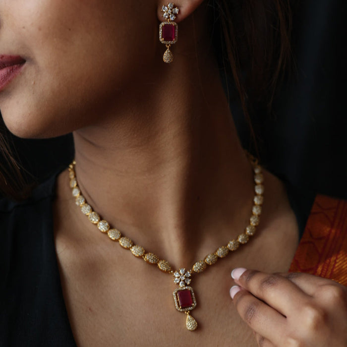 Antique ruby white stone temple short necklace with earrings TTS4569