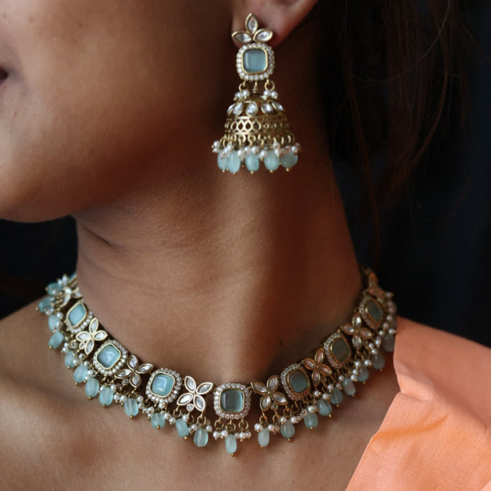Trendy mint tone choker necklace with earrings TM043211
