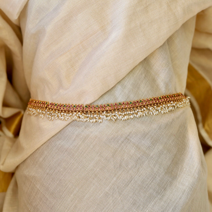 Antiqueruby stone and pearl design waistchain AW4111