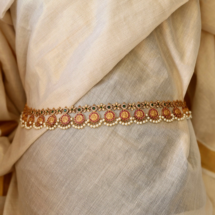 Antiqueruby stone and pearl design waistchain AW41566
