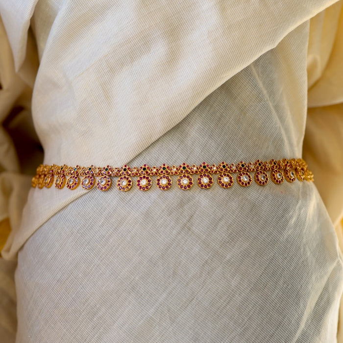 Antique gold ruby white stone coin design waistchain AW5673