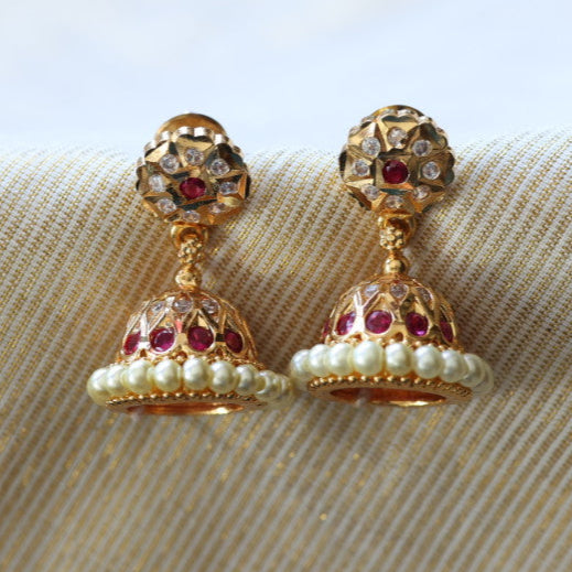 Heritage gold plated ruby white stone jumka earrings HJ047