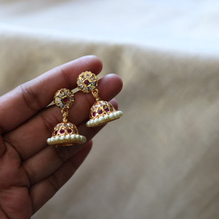 Heritage gold plated ruby white stone jumka earrings HJ047