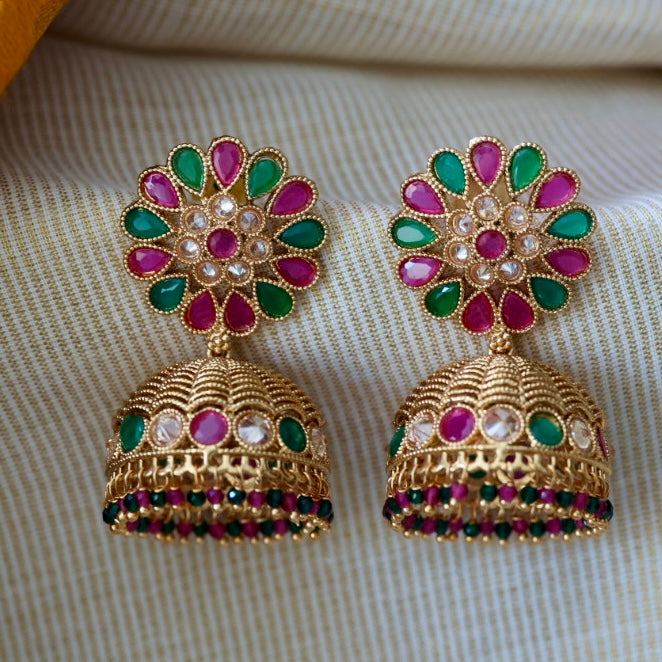 Antique ruby green stone jumka earrings AJI39