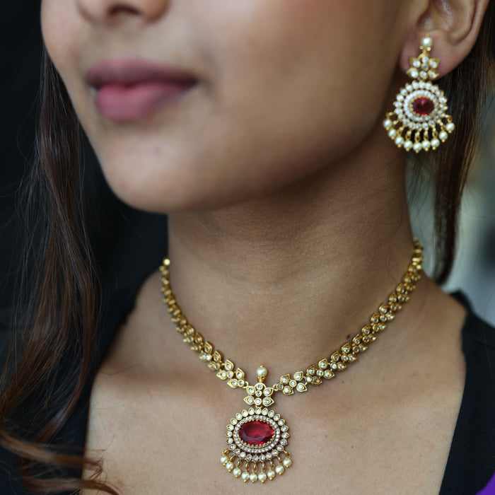 Antique ruby white stone short necklace with earrings TTS4366