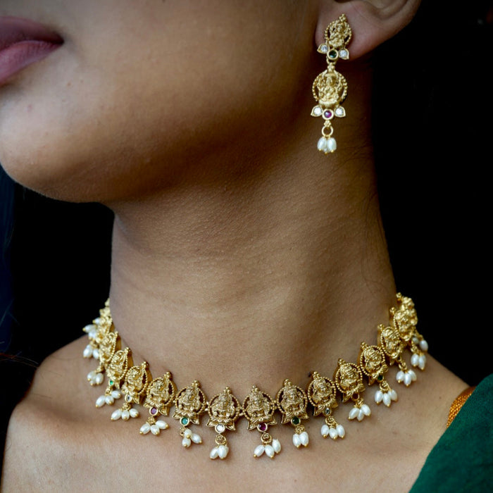Antique pearl short necklace and earrings TTS4370