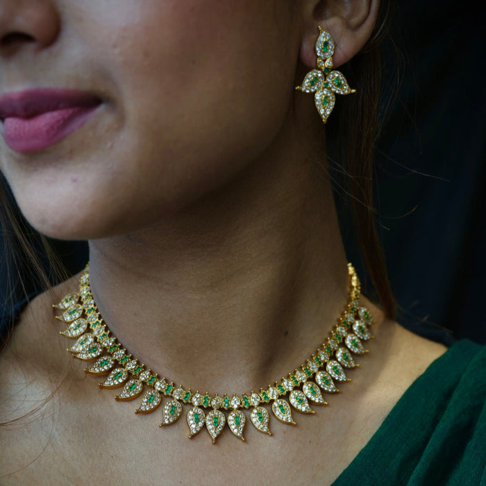 Antique white and green stone mango necklace with earrings SS12253