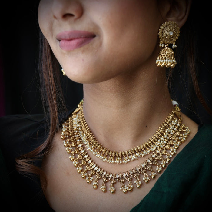 Antique white stone layer short necklace with earrings SS113451