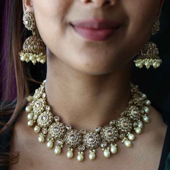 Trendy white bead choker necklace with earrings and tikka TW002