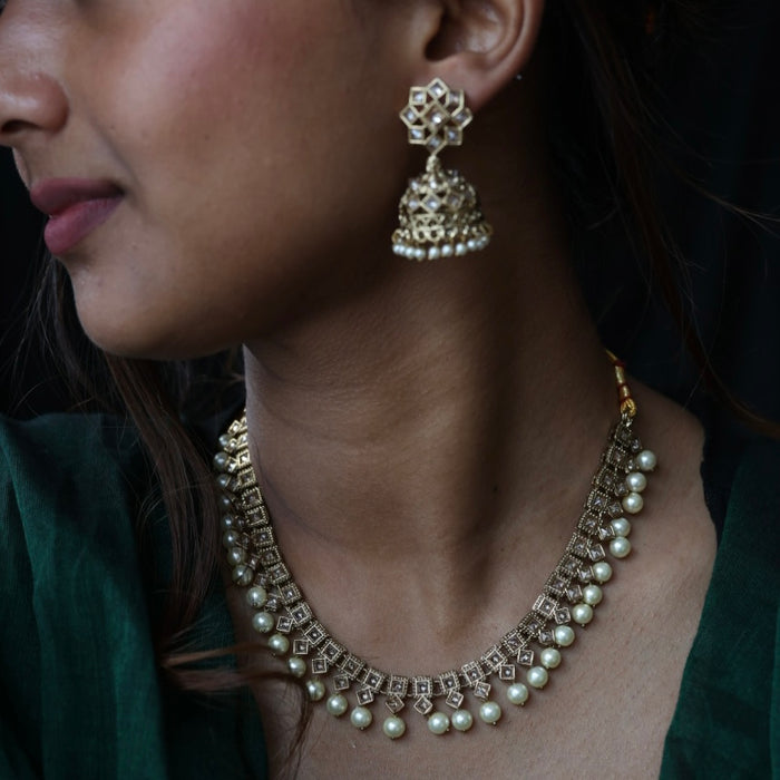 Trendy white pearls necklace with earrings and tikka TW310