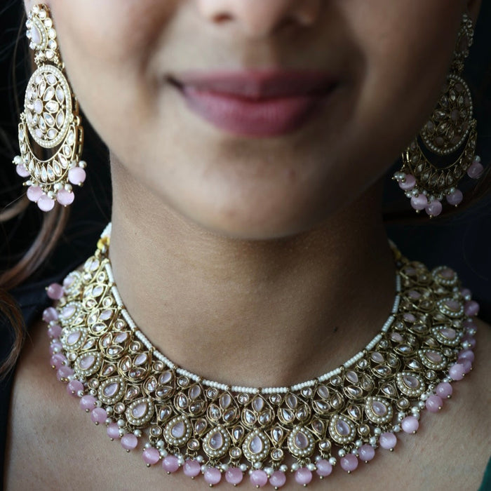 Trendy pink pearl short necklace with earrings and tikka TP345