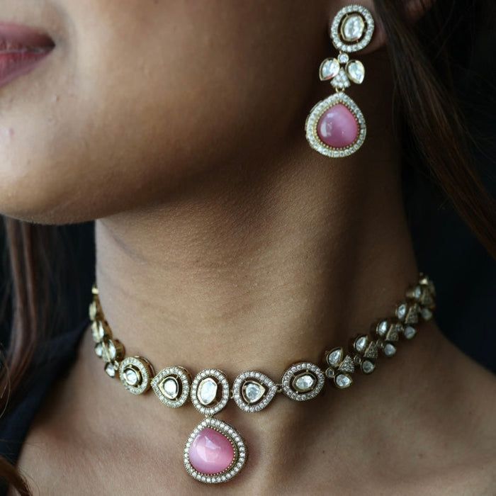 Trendy pink stone necklace with earrings and tikka TP308
