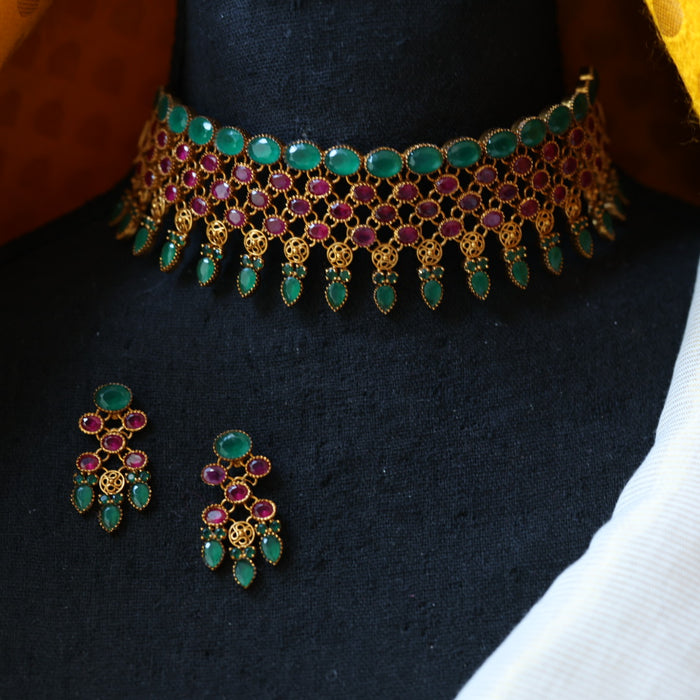 Antique ruby green stone choker necklace with earrings CCB1257