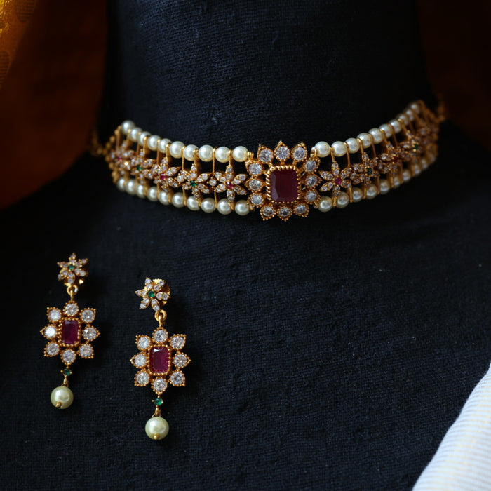 Antique ruby white stone choker short necklace with earrings CCB1897