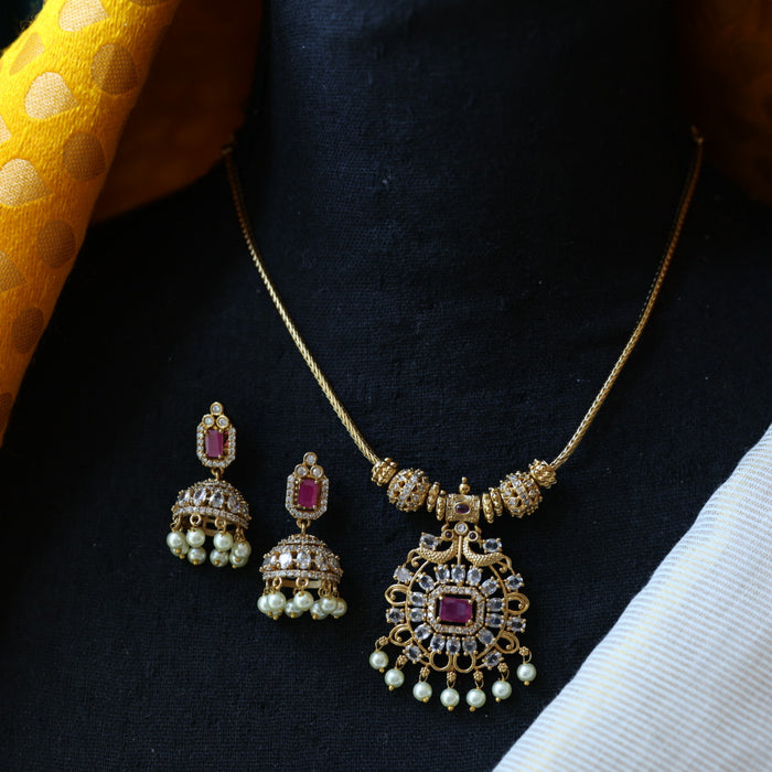 Antique green stone short necklace with earrings TTS3453