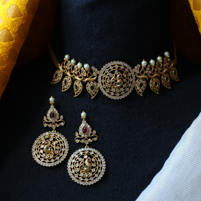 Antique gold simple choker necklace and earrings CCB188
