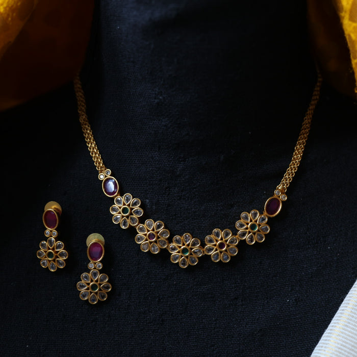 Antique ruby green stone choker necklace with earrings CCB104