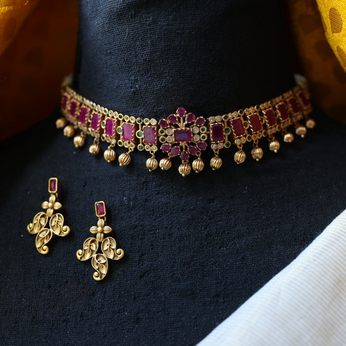 Antique ruby green choker necklace and earrings CCB11213