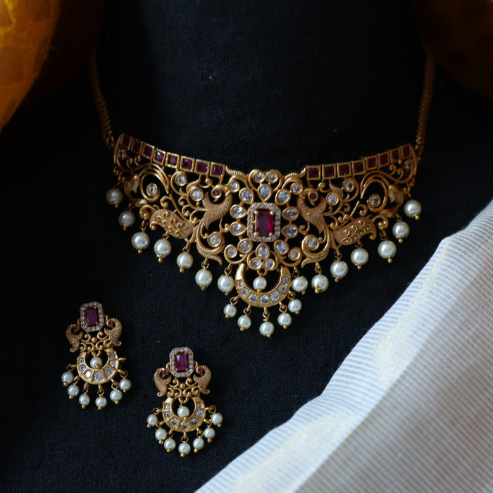 Antique ruby stone choker necklace and earrings CCB11144