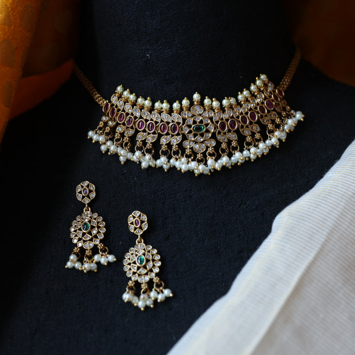 Antique ruby green choker necklace with earrings CCB1090