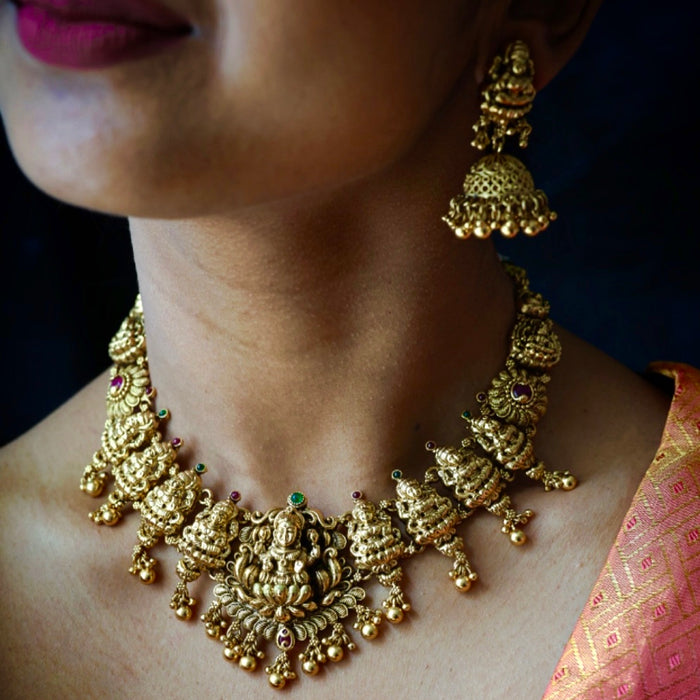 Antique gold temple design short necklace and earrings G9999