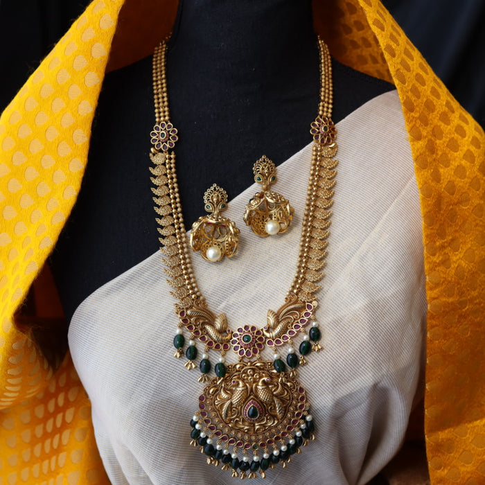 Antique mango temple design long necklace with earrings LL04765