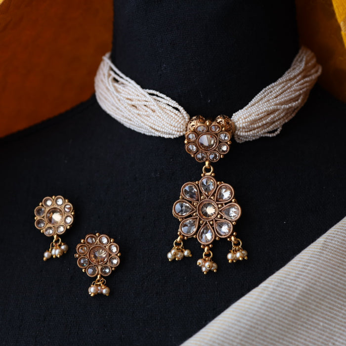 Trendy white bead choker necklace with earrings and tikka BEAD345
