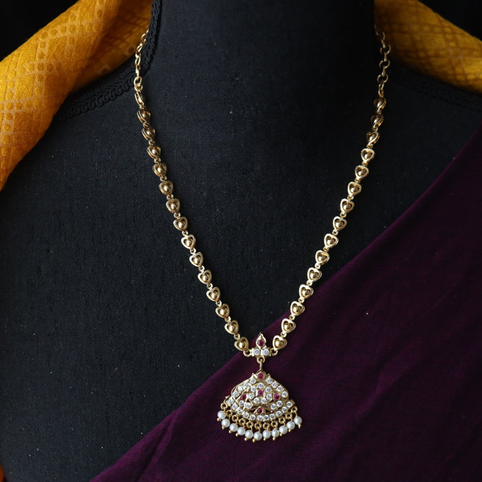 Heritage gold plated ruby white stone and pearl short necklace H489
